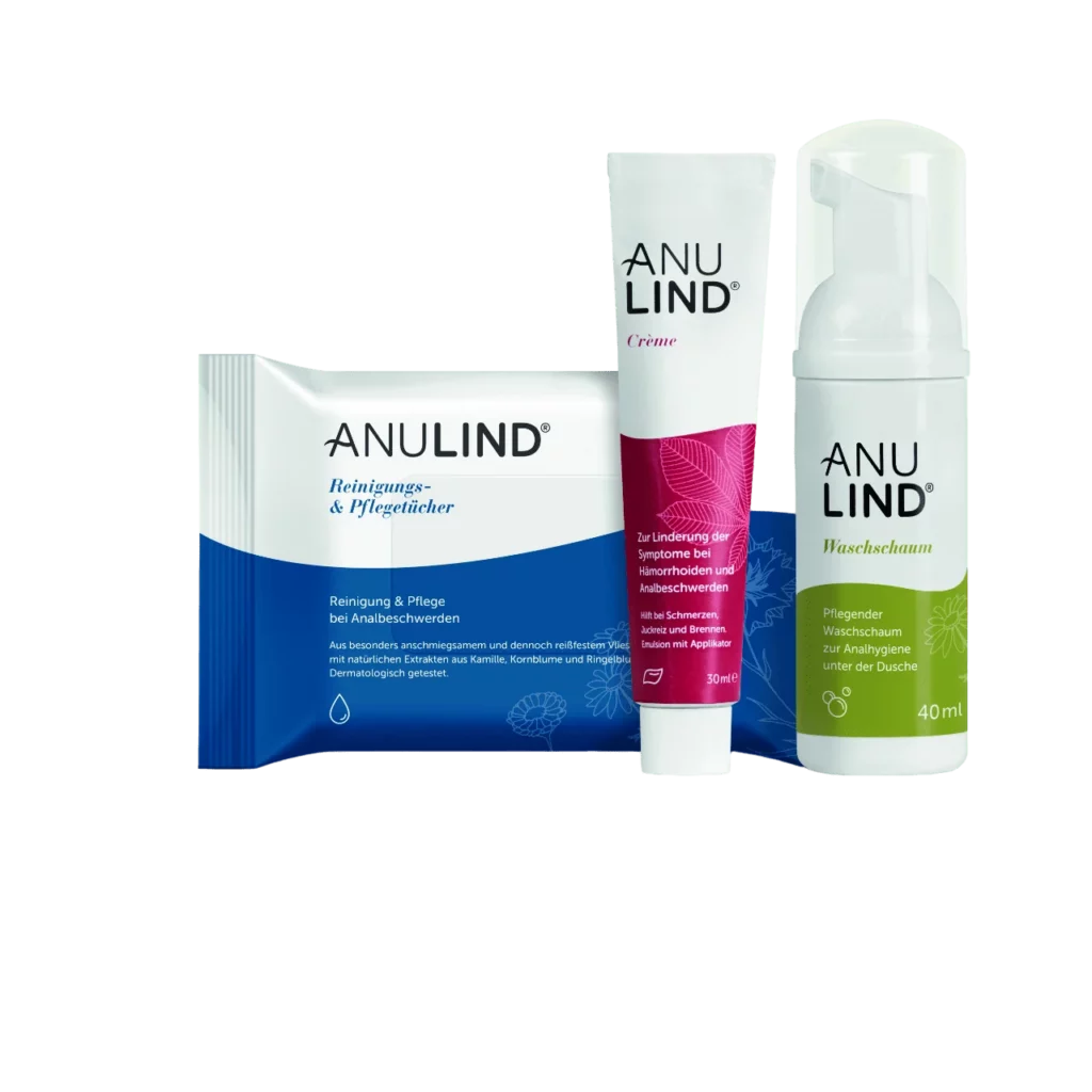 Anulind Starterset mit Reinigungstüchern, Creme und Waschschaum.