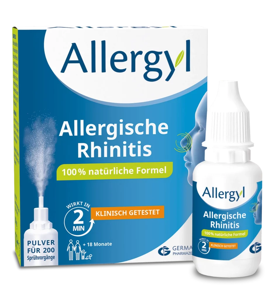 Allergyl Packung und Flasche für allergische Rhinitis, 100% natürliche Formel.