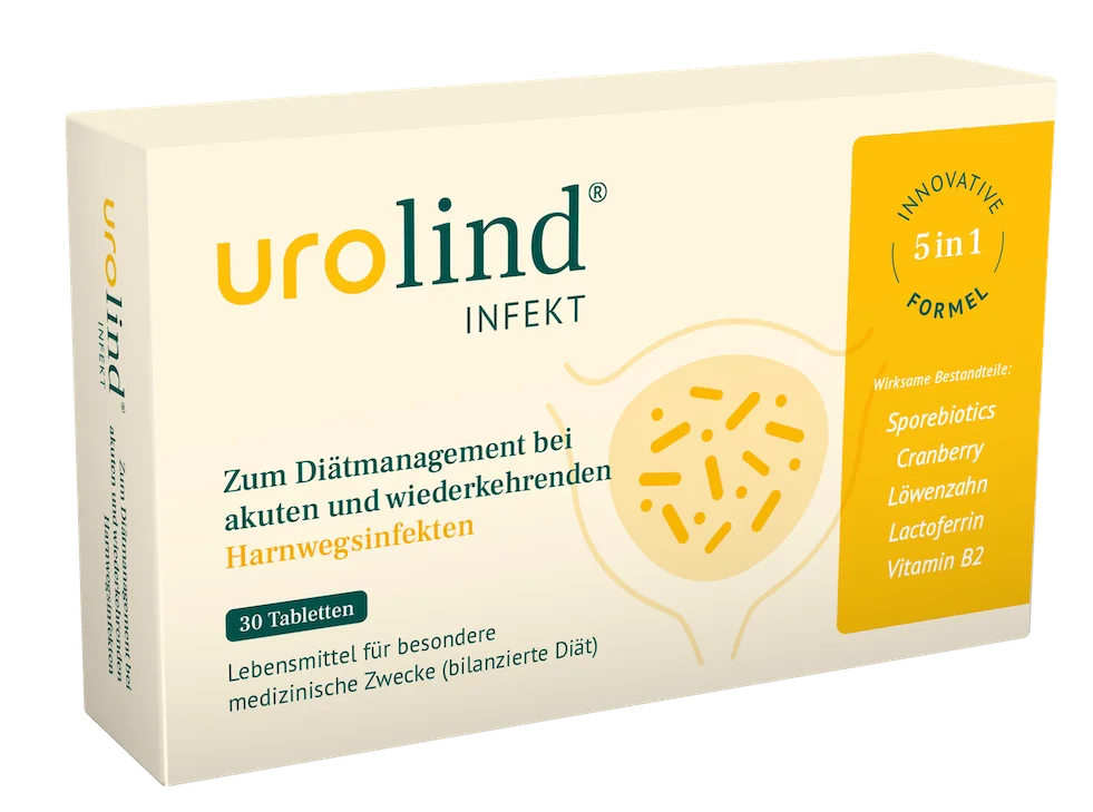 Urolind Infekt Verpackung für Diätmanagement bei Harnwegsinfekten, innovative 5-in-1-Formel.